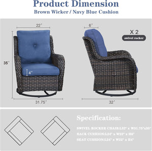 English Elm Outdoor Swivel Rocker Patio Chairs Set of 2 Wicker Swivel Seats with Cushions, UV‑Resistant, 350lb Capacity, Dark Brown W349P253795