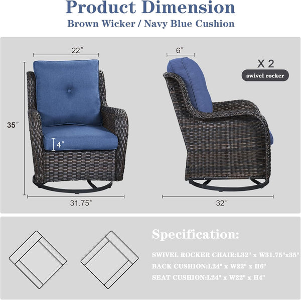English Elm Outdoor Swivel Rocker Patio Chairs Set of 2 Wicker Swivel Seats with Cushions, UV‑Resistant, 350lb Capacity, Dark Brown W349P253795