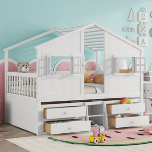 English Elm Full Size House Loft Bed With Roof & Windows, 4 Storage Drawers, Pine Wood, Safe Guardrails & Ladder W504S00242