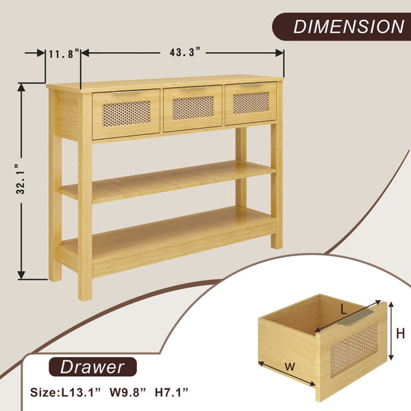 English Elm 43.3" Farmhouse Console Table Rattan Drawer Fronts Open Shelving Entryway Storage Natural Wood T3210P426416