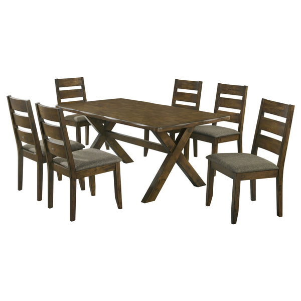 English Elm Gawain Rustic Modern 7-Piece Dining Set in Knotty Nutmeg with Ladder Back Chairs & X-Cross Trestle Base B062S00891