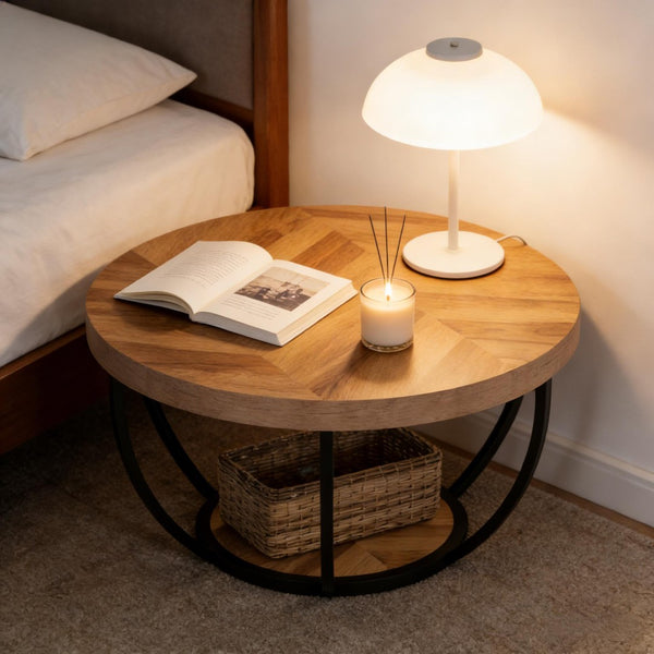 English Elm 2-tier Round Coffee Table Engineered Wood Top Arc Steel Legs Living Room Accent Wood T3971P453291