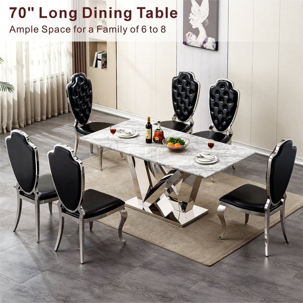 English Elm Marble Dining Table For 6 - 70'' Rectangular Faux Marble Top & Mirrored Stainless Steel Base W3456S00043