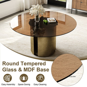 English Elm 59-Inch Modern Round Dining Table Set With 6 Chairs - Elegant Dark Brown Glass Top & Copper Legs W509S00147