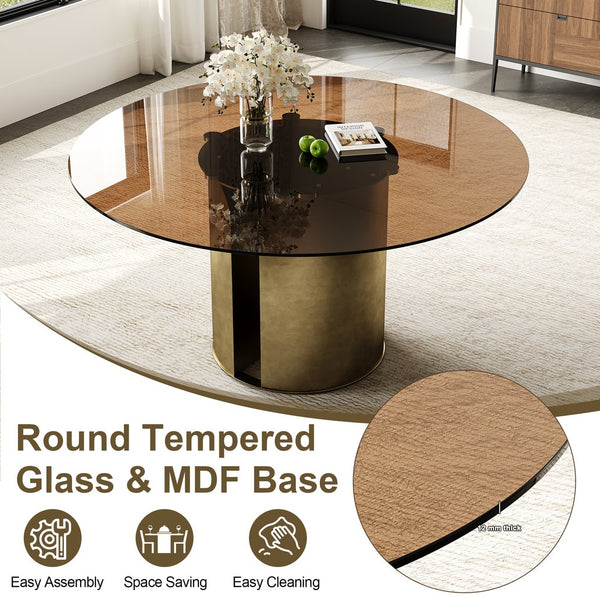English Elm 59-Inch Modern Round Dining Table Set With 6 Chairs - Elegant Dark Brown Glass Top & Copper Legs W509S00147