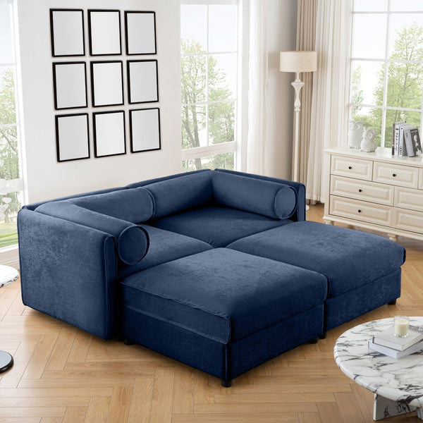 English Elm Stylish Blue Chenille 2-Seater Sofa With Modern Storage Ottomans, Ergonomic Design & Easy Assembly W714S01048-GIGA