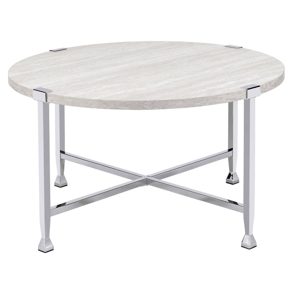 English Elm White Oak Round Coffee Table with Chrome Legs — Minimalist 36.5" Surface, Industrial Chic Accent Table for Living Room Decor B062P185643