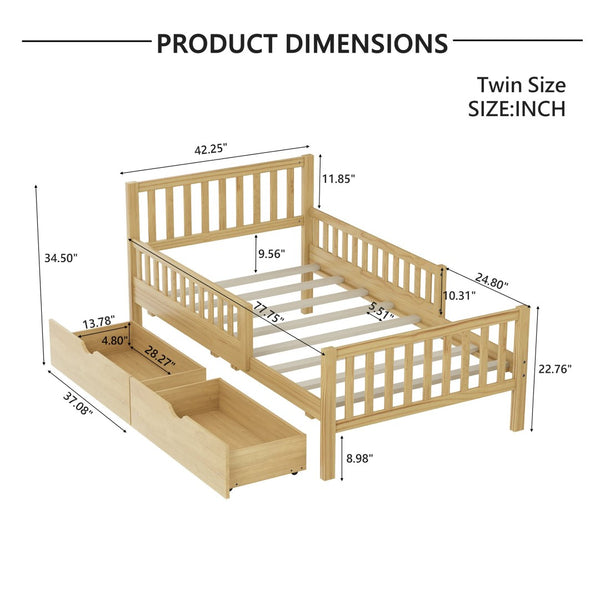 English Elm Twin Pine Platform Bed with Guardrails and Under Storage Drawers for Small Rooms N733P172696M