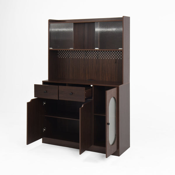 English Elm 71"Tall Walnut Kitchen Pantry Cabinet with Reeded Glass Doors, Microwave Stand, Pegboard Hooks, Large Storage W409P171380