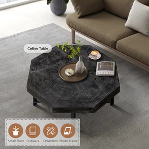 English Elm Wood Octagonal Vintage Patchwork Craft Farmhouse 30-Inch Wooden Table Top with Cross Metal Legs, Stylish Living Room Centerpiece Antique Black W1445P193123