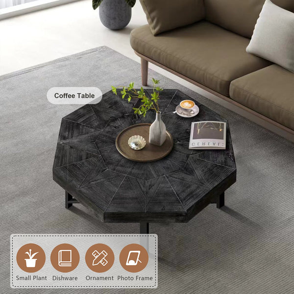 English Elm Wood Octagonal Vintage Patchwork Craft Farmhouse 30-Inch Wooden Table Top with Cross Metal Legs, Stylish Living Room Centerpiece Antique Black W1445P193123