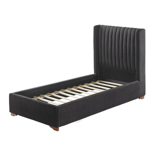 English Elm Twin Corduroy Upholstered Platform Bed Frame with Headboard, Rubber Plywood Slats, No Box Spring Needed Black W2582S00060
