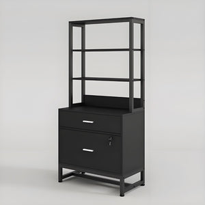 English Elm Ample Steel Office Filing Cabinet with Open Bookcase Shelves and Locking Document Drawers Black T3971P448270
