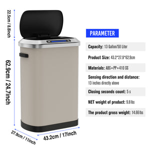 English Elm 50L Smart automatic Trash Can with Silent Slow-Close Lid, Motion Sensor, Durable 0.45mm Steel Body LIGHT GREY W1550P247975