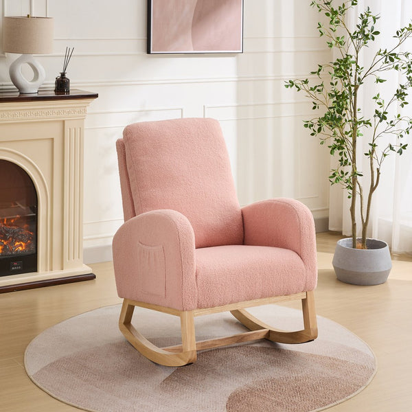English Elm 27.2"W Rocking Chair Sherpa Glider with High Back and Side Pocket, Cozy Foam Seat, Rubber Wood Legs Pink W3188P304606