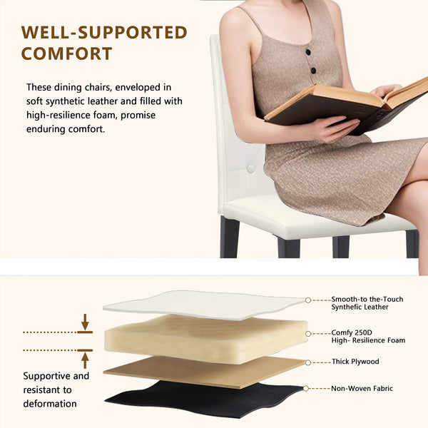 English Elm 4-pack PU dining chairs with ergonomic buckle backrest, high-density sponge seat, gold metal legs elegant luxury White+Black W1151P295718