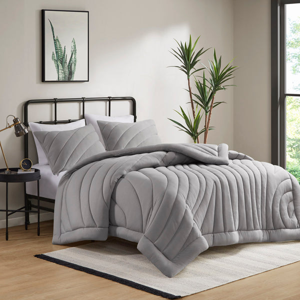 JLA Home Urban Habitat - Poly Puffy Jersey Comforter Set with 350gsm Loft, Hypoallergenic, Antimicrobial, OEKO-TEX Certified Cozy Gray UH10-2519
