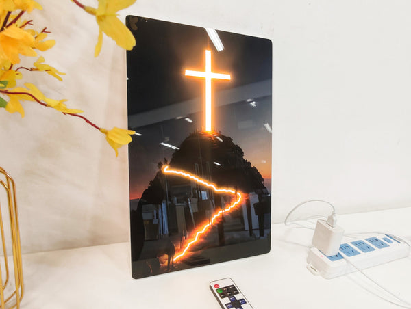 English Elm 24X16 Christian Cross Led Wall Art - Illuminated Acrylic Decor With Remote For Modern Spaces & Reflection T3976P383256