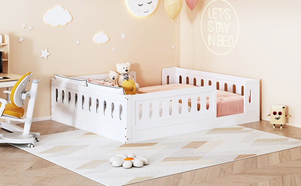 English Elm Wood Full Size Kids Platform Bed Solid Pine Guardrail Low Profile Safe Sleep Frame White N709P321458K