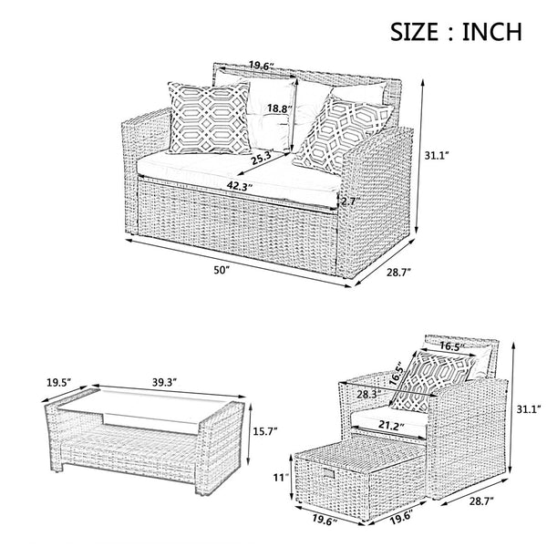 English Elm Patio 6-Piece Pe Wicker Furniture Set With Glass Coffee Table - Stylish Outdoor Seating For Any Space W1703S00020-GIGA