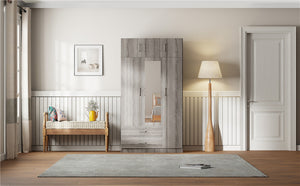 English Elm 3-door Mirrored Wardrobe with Full Length Dressing Mirror Drawers and Top Cabinet Gray LP006005AAE