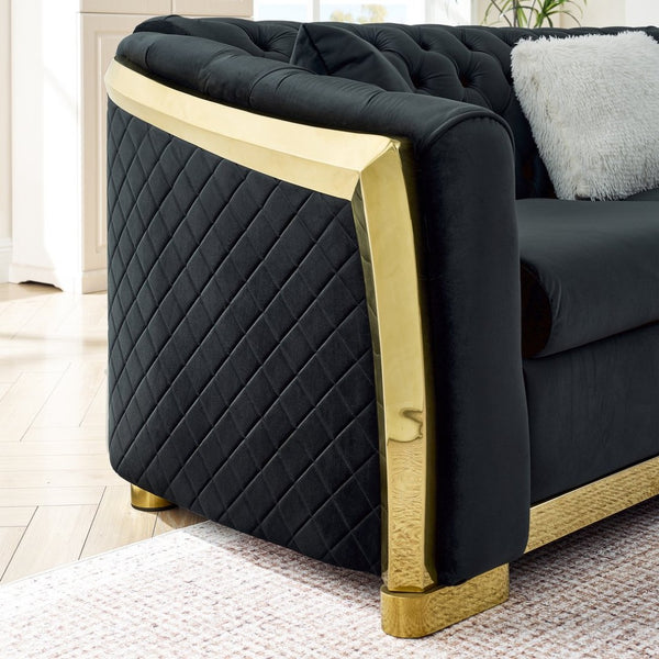 English Elm 106 Inch Velvet Tufted Chesterfield Sectional with Gold Steel Legs for Large Living Rooms Black W1191S00046