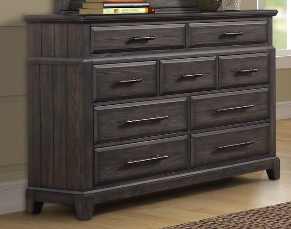 English Elm Queen Sleigh Bed Dark Mahogany Set with Dresser, Mirror, Chest & Nightstand — Solid Wood, Hardware B2699S00069
