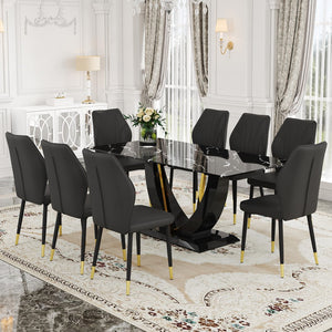 English Elm Black Marble Pattern Tempered Glass Dining Set - 71"X35.4" With 8 Black Pu Chairs With A Widened Backrest Design.