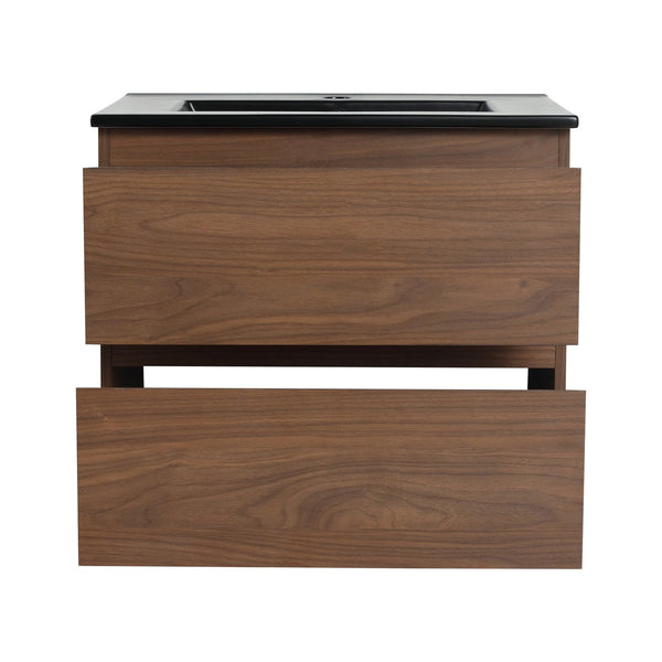English Elm 24" Wall-Mounted Bathroom Vanity With Black Ceramic Sink & 2 Soft-Close Drawers For Stylish Storage W999S00193
