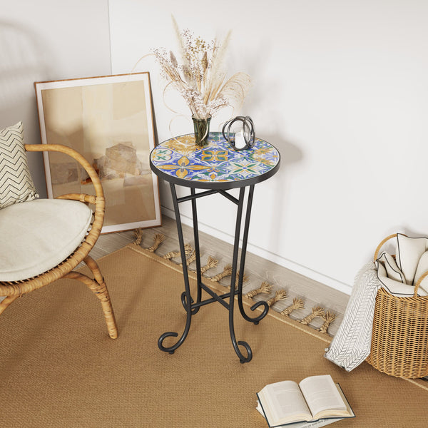 English Elm Christopher Knight Home® - Patio Side Table with Vibrant Ceramic Floral Top, Powder-Coated Steel Frame, Weather-Resistant Finish Black,Colorful N768P214929A