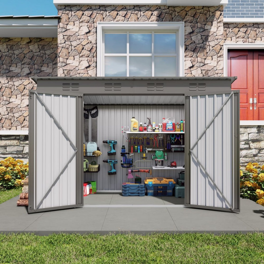 English Elm 4 X 9 Ft Galvanized Steel Outdoor Shed with Vented Sloped Roof and Wide Swing Doors W3213S00006