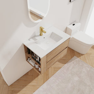 English Elm 30" Wall-Mount Bathroom Vanity With Ceramic Sink, Soft-Close Drawers & Configurable Side Shelf W999S00206