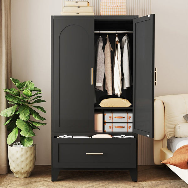 English Elm 60" Powder-coated Steel Wardrobe with Hanging Rod Drawer and Shelf for Slim Spaces W3387P396209