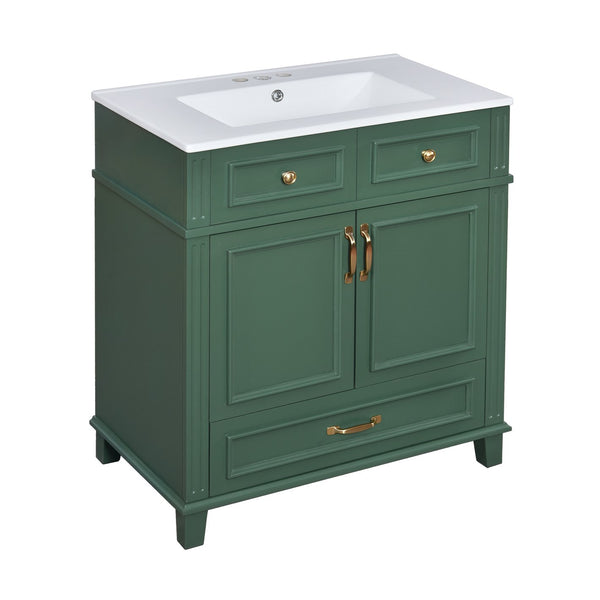 English Elm 30'' Bathroom Vanity with Sink - Retro Solid Wood Frame, Ceramic Basin, Soft-Close Doors & Ample Storage Green N710P190656F