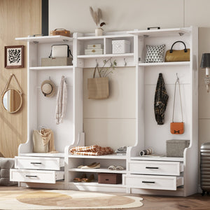 English Elm 4-in-1 Hall Tree with Bench, 7 Hooks, 2 Cabinets & 4 Drawers for Entryway Storage and Seating White W1580S00090