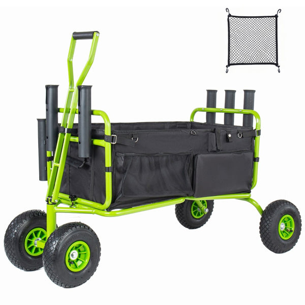 English Elm Fishing Beach Cart Collapsible Heavy Duty Wagon with All Terrain Wheels Rod Holders Green W2932P417637