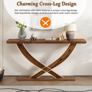 English Elm Mirod 57 Inch Acacia Veneer Console Table with Cross Leg Base for Entryway Brown N760P214643D