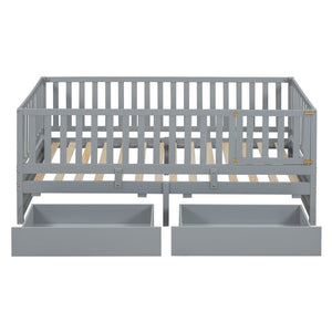 English Elm Twin Pinewood Daybed with Fence Guardrails Two Storage Drawers and Split Floor Bed Gray LP200881AAE