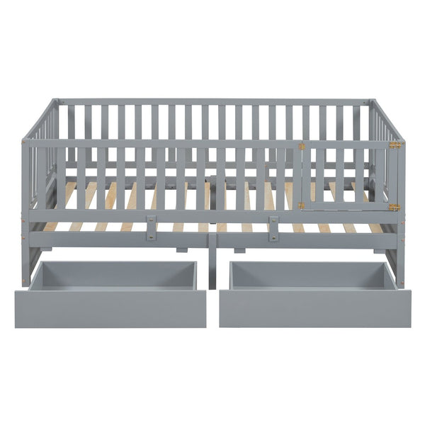 English Elm Twin Pinewood Daybed with Fence Guardrails Two Storage Drawers and Split Floor Bed Gray LP200881AAE