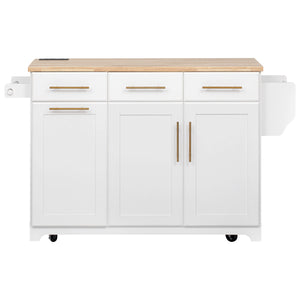 English Elm K&K Vintage Kitchen Island with Rubberwood Top, Hidden Wheels, Pull-Out Trash & Charging Station White N707P299014W
