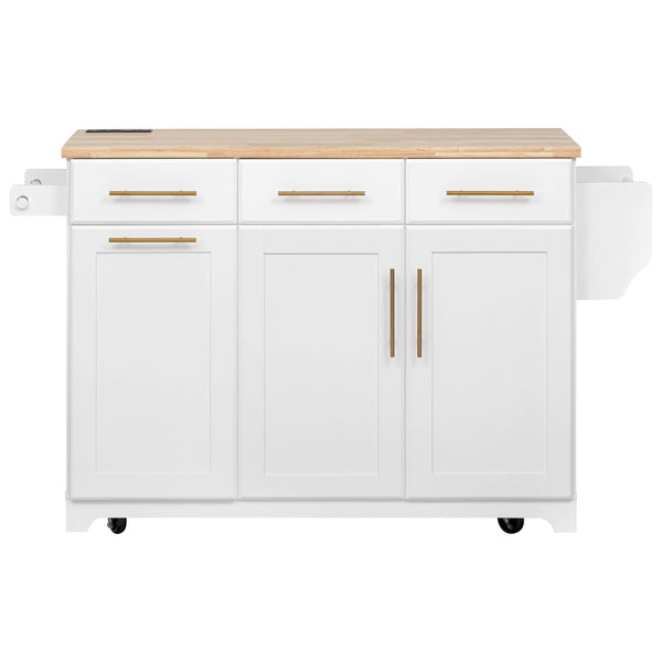 English Elm K&K Vintage Kitchen Island with Rubberwood Top, Hidden Wheels, Pull-Out Trash & Charging Station White N707P299014W