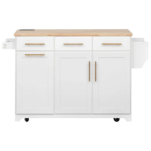 English Elm K&k Rolling Kitchen Island Rubber Wood Top Brass Hardware Built-in Outlets Storage White N707S299014W
