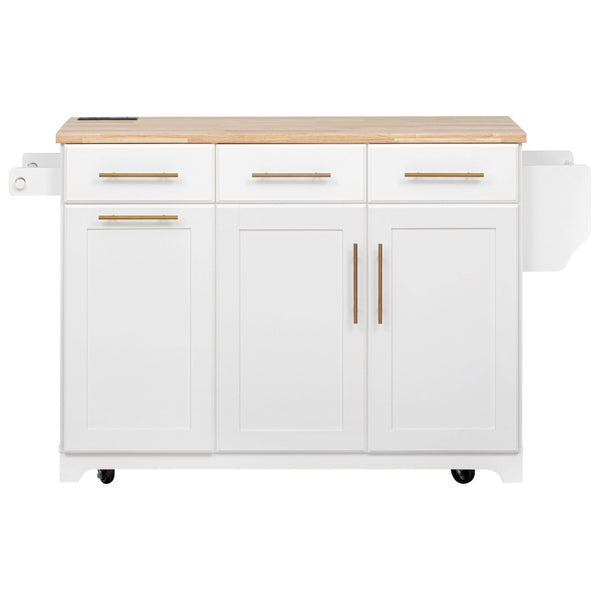 English Elm K&k Rolling Kitchen Island Rubber Wood Top Brass Hardware Built-in Outlets Storage White N707S299014W
