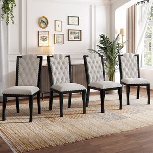 English Elm Upholstered High-Back Dining Chairs Set of 4 with Diamond Tufting, Nailhead Trim & Solid Wood Legs, Durable Comfort for Kitchen, Dining Room, Restaurant Seating Beige+Black N752P331360B