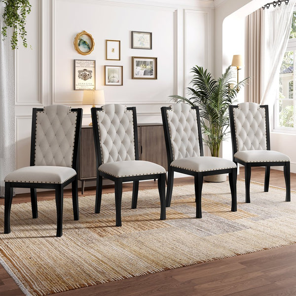 English Elm Upholstered High-Back Dining Chairs Set of 4 with Diamond Tufting, Nailhead Trim & Solid Wood Legs, Durable Comfort for Kitchen, Dining Room, Restaurant Seating Beige+Black N752P331360B