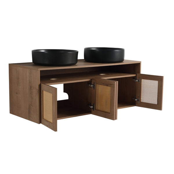 English Elm 48" Modern Wall-Mounted Bathroom Vanity With Black Ceramic Art Sink & Soft-Close Doors, Plywood W999S00400