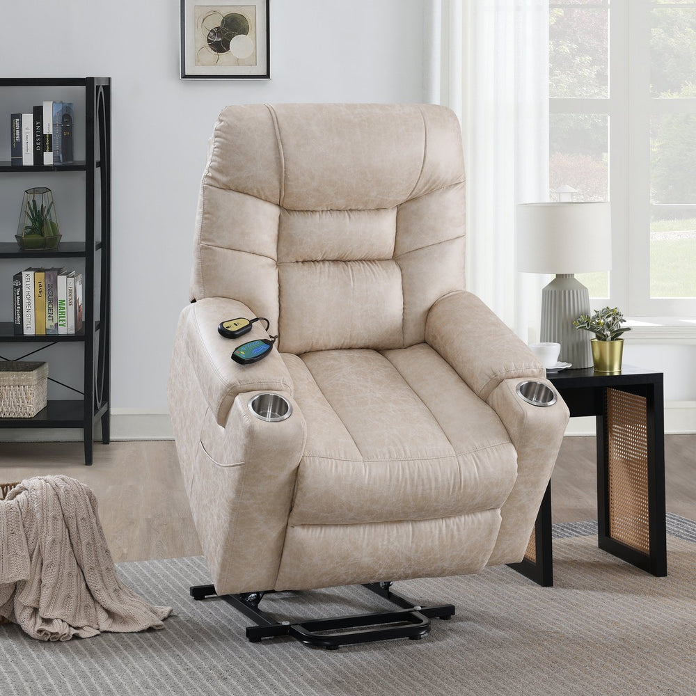 English Elm Light Power Lift Recliner with Heating & Massage in Light Grey — Leather Aire, Power Recline, Lift Assist Comfort B062P215446