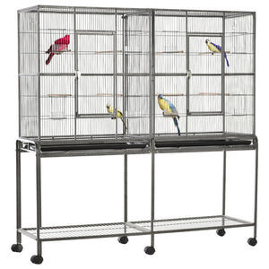 English Elm Pawhut Spacious Double Compartment Rolling Metal Bird Cage with Perch and Storage Shelf W2225P173759