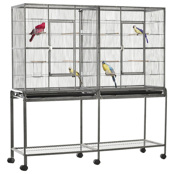English Elm Pawhut Spacious Double Compartment Rolling Metal Bird Cage with Perch and Storage Shelf W2225P173759