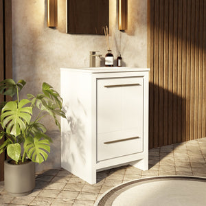 English Elm White Bath Vanity 24" W x 20" D with White Quartz Top, Soft-Close Storage & 18" x 24" Mirror B2731S01477